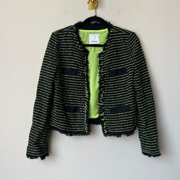 Pinko Black Neon Green Tweed Stripe Fringe Blazer Jacket Size US 4 - Picture 2 of 7